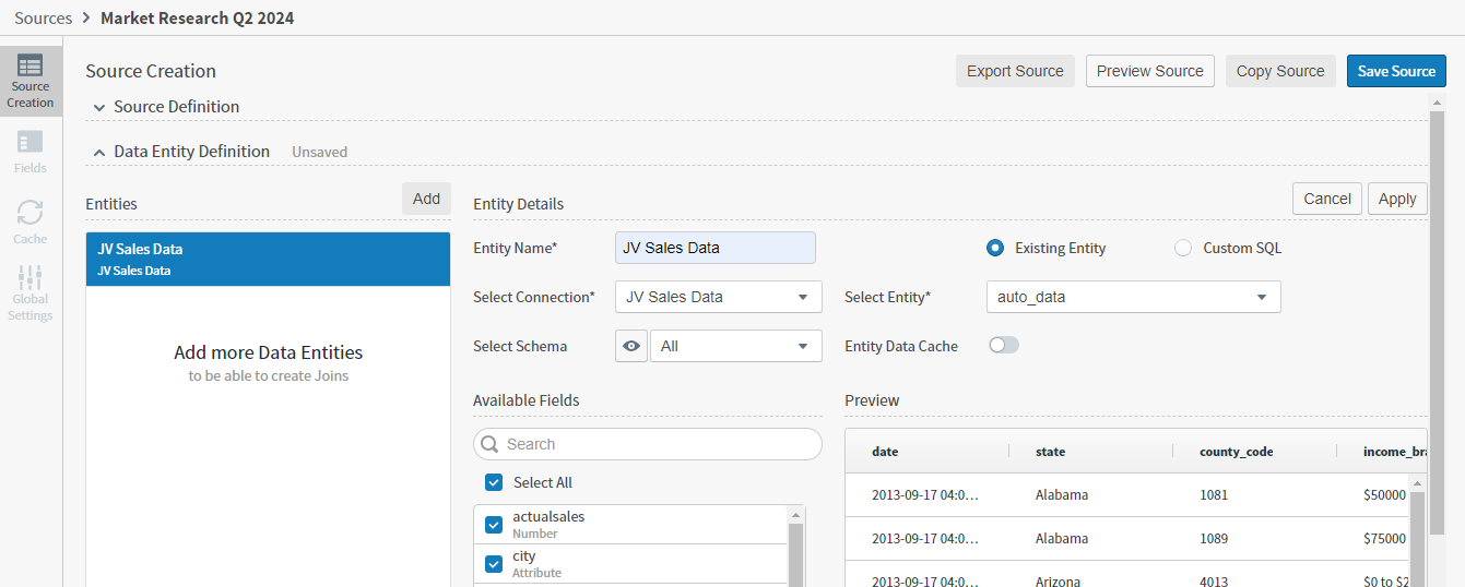 Use this work area to create or update a data source