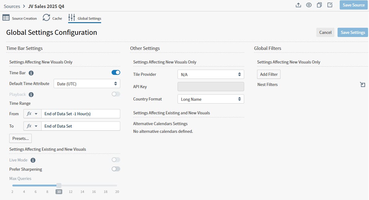 Use this work area to define time bar settings, global filters, and other settings for a source.