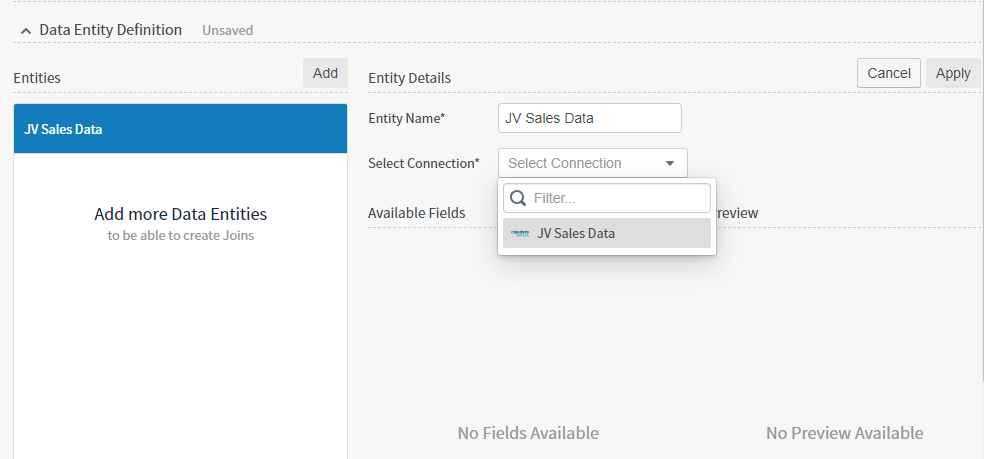 Use this work area to add one or more data entities to your data source.