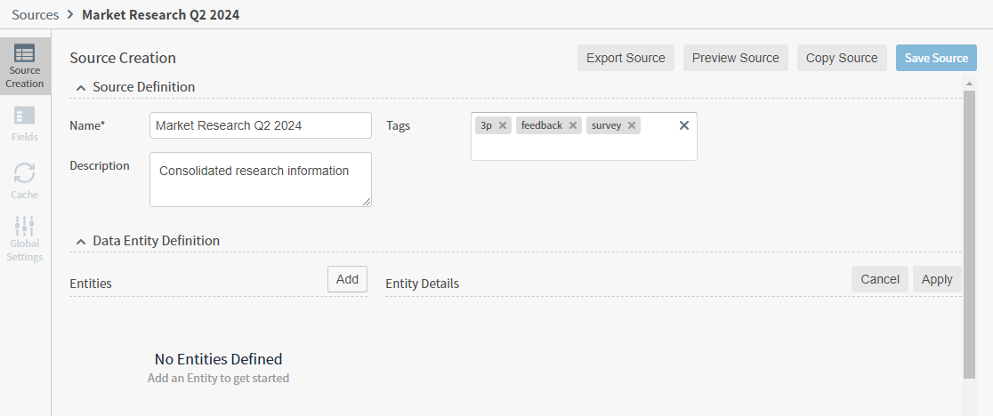 use this work area to name your source and define the data entities that make it up
