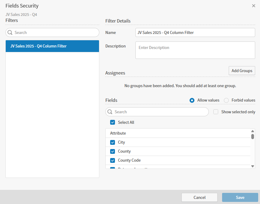 add a column filter to the fields security work area here