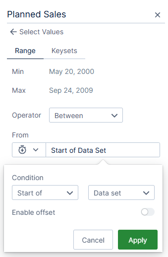 Define condtions and offset of dynamic time ranges here